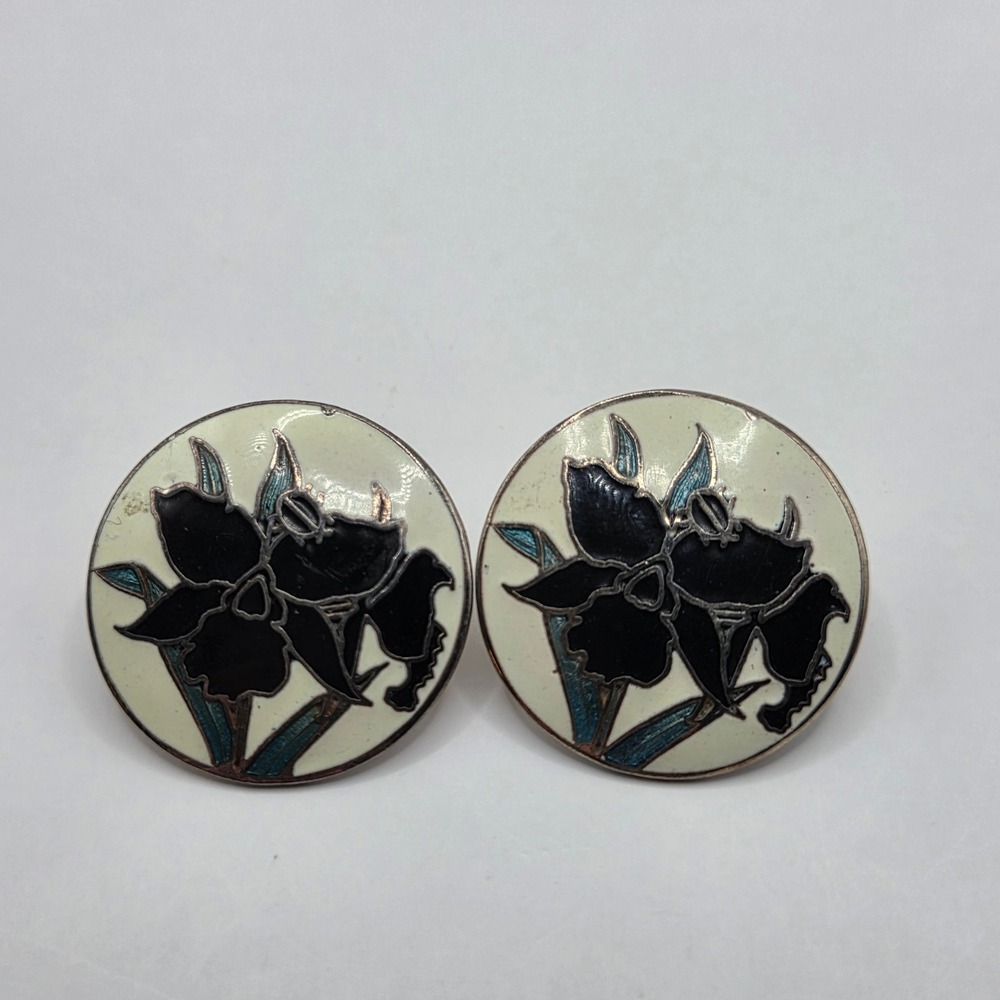 Black Iris Cloisonne Style Enamel Round Stud Earrings Cream Teal Floral